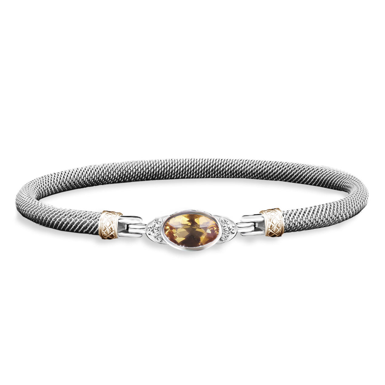 Milanese Mesh Bangle Bracelet with Oval Bezel Set Citrine and Lab-Grown Diamonds in Sterling Silver and Yellow Gold, 0.1 cttw
