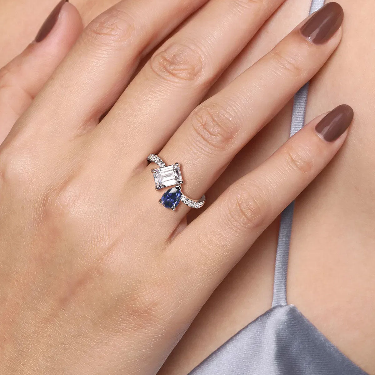 Avrille Toi et Moi Diamond and Sapphire Engagement Ring