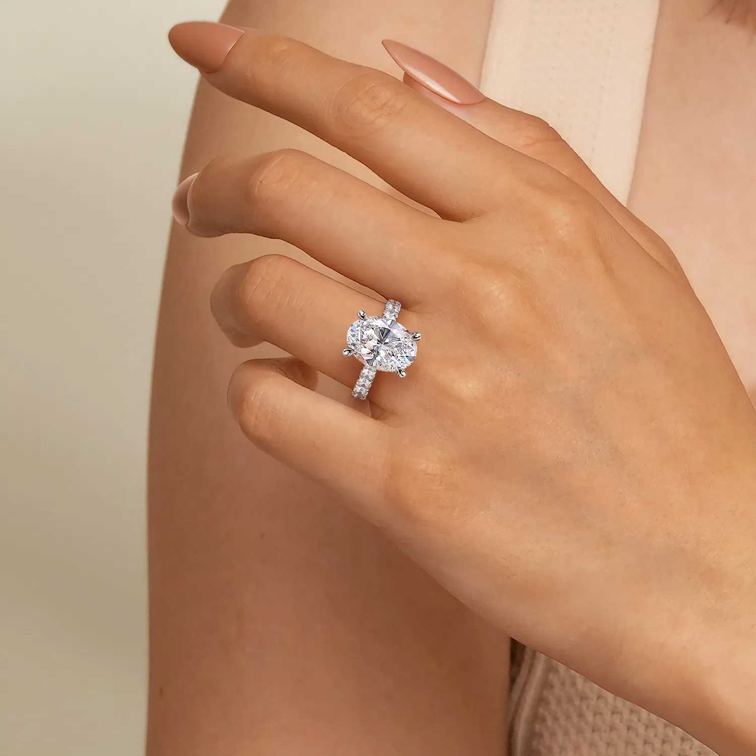 Sarita Oval Diamond Engagement Ring Setting with Hidden Halo