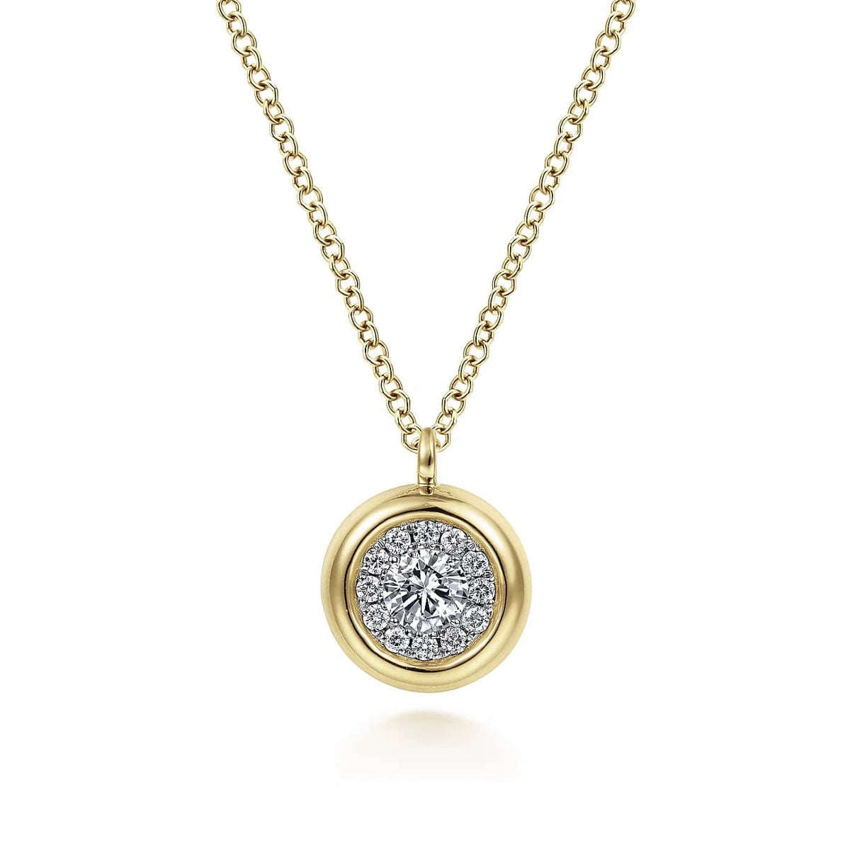 Round Diamond Halo Pendant Necklace in Yellow Gold, 0.21 cttw