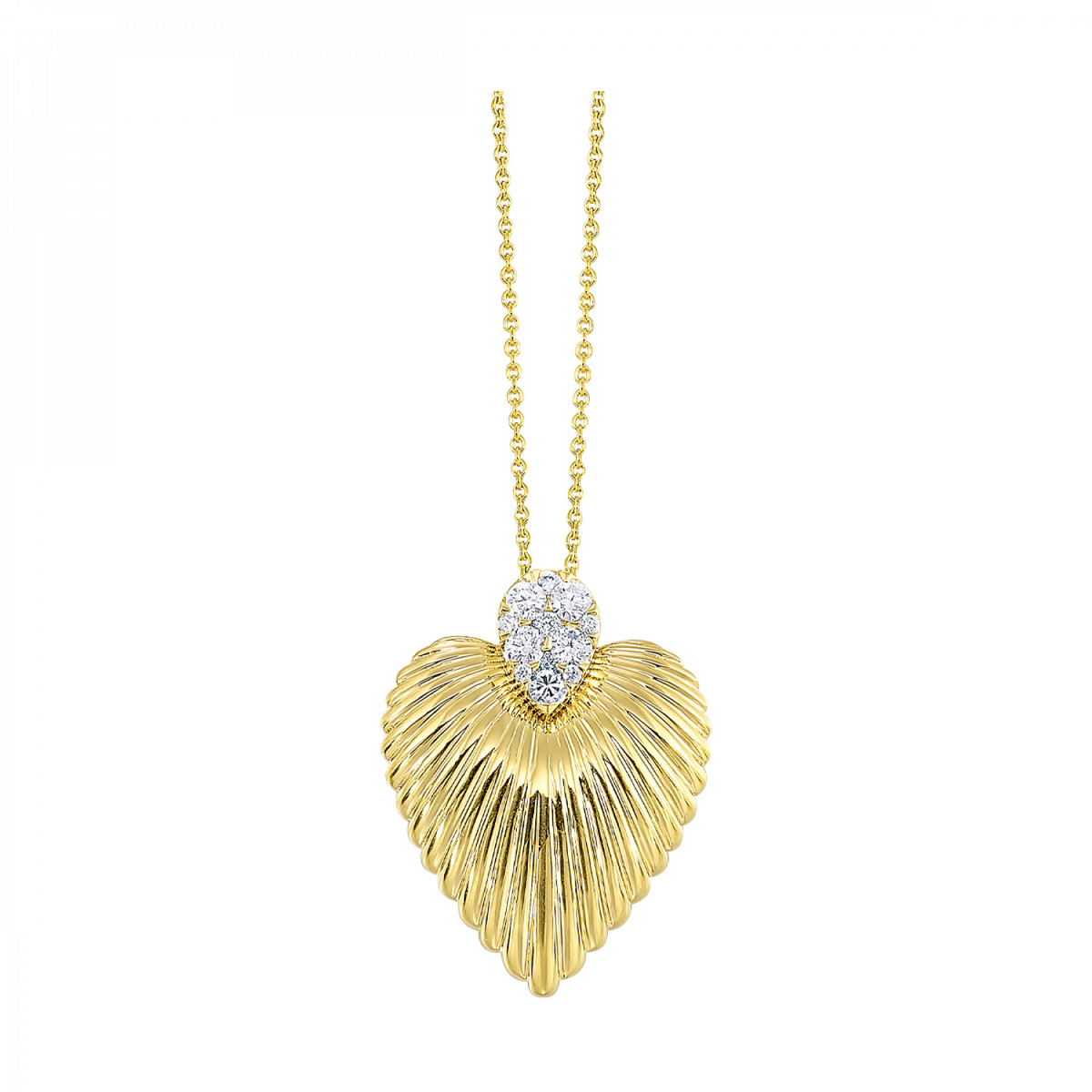 Ridged Diamond Pave Heart Pendant Necklace in 14k Yellow Gold