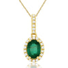 Natural Green Oval Emerald Pave Diamond Halo Pendant Necklace in Yellow Gold