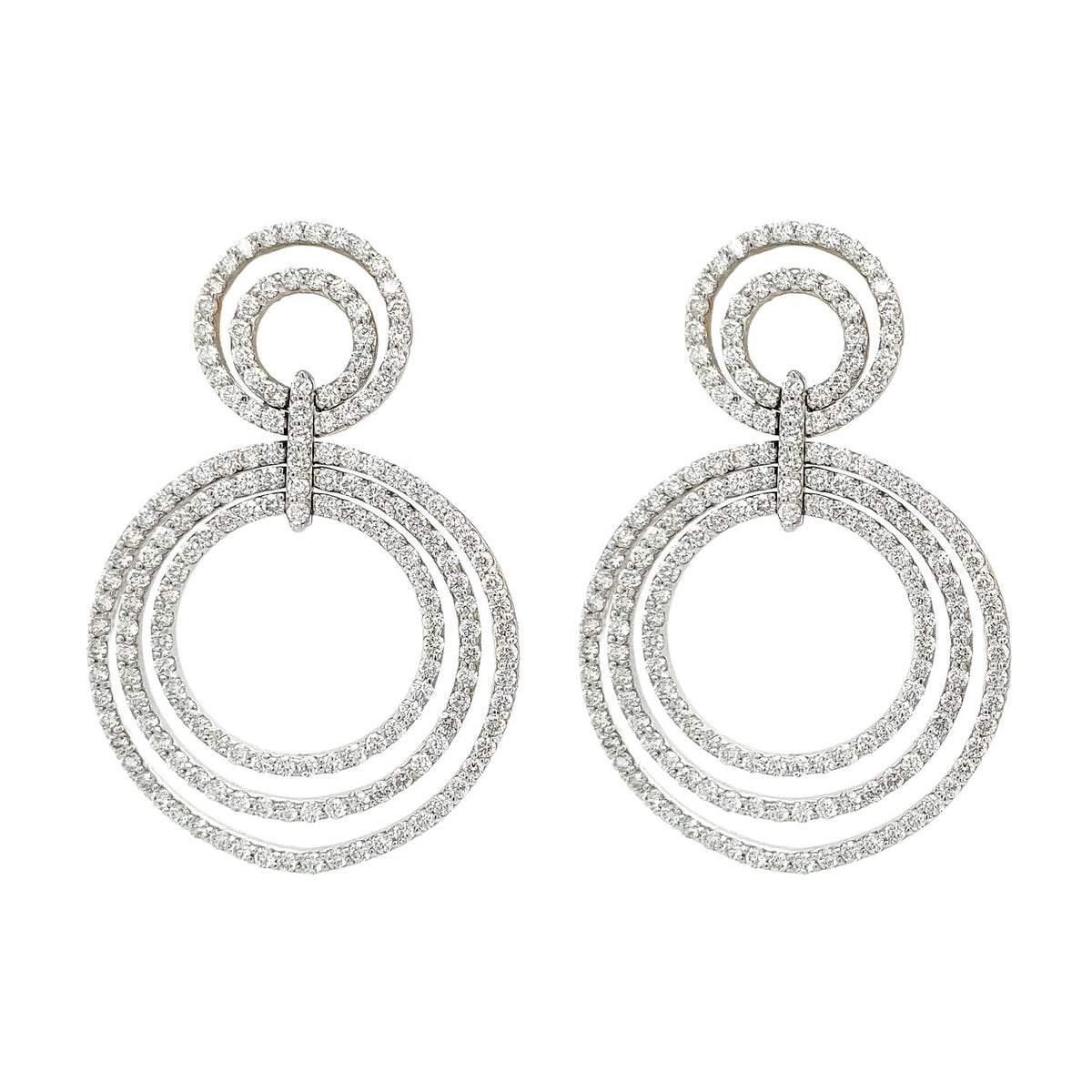 Diamond Concentric Circle Earrings in 18k White Gold, 7.15cttw