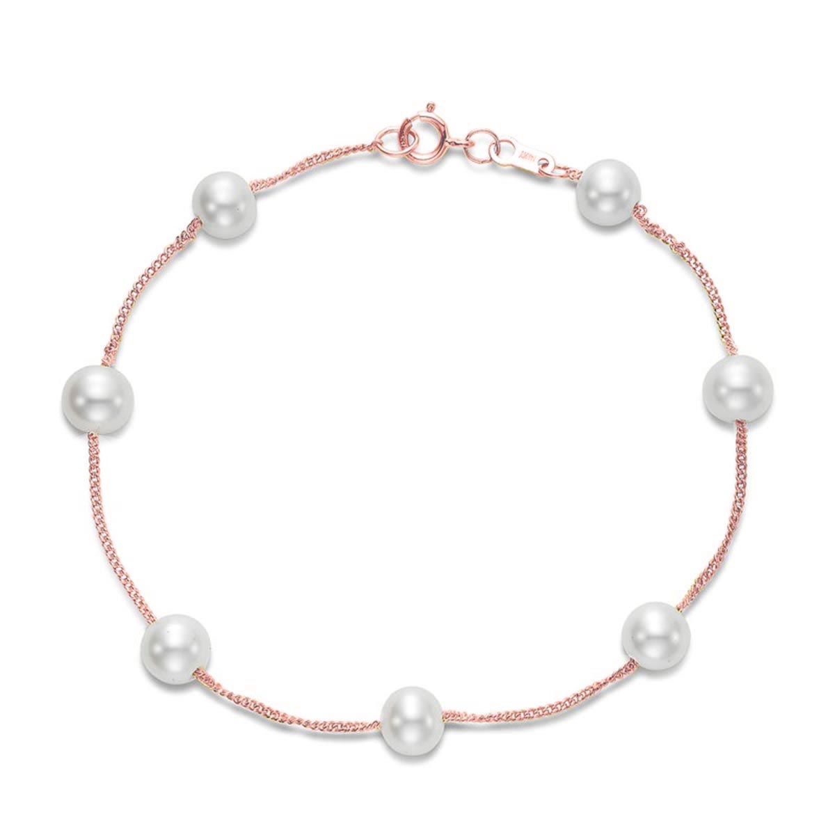 White Freshwater Pearl Station Curb Link Bracelet in Rose Gold