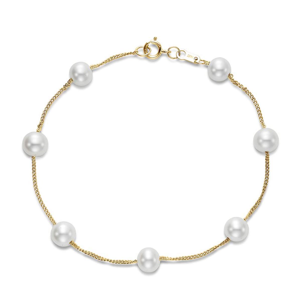 White Freshwater Pearl Station Curb Link Bracelet in Yellow Gold