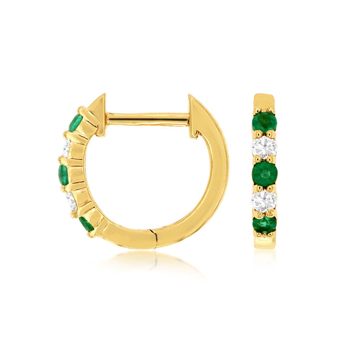 Natural Green Emerald and Diamond Huggie Hoop Earrings in Yellow Gold