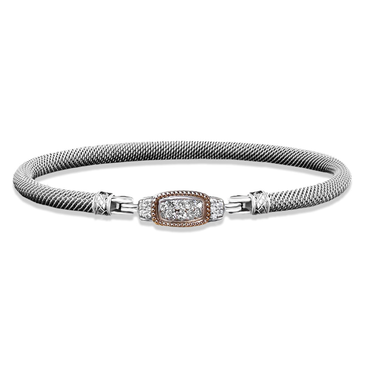 Milanese Mesh Bangle Bracelet with Lab-Grown Diamond Cushion Cluster and Beaded Bezel in Sterling Silver and Yellow Gold, 0.30 cttw