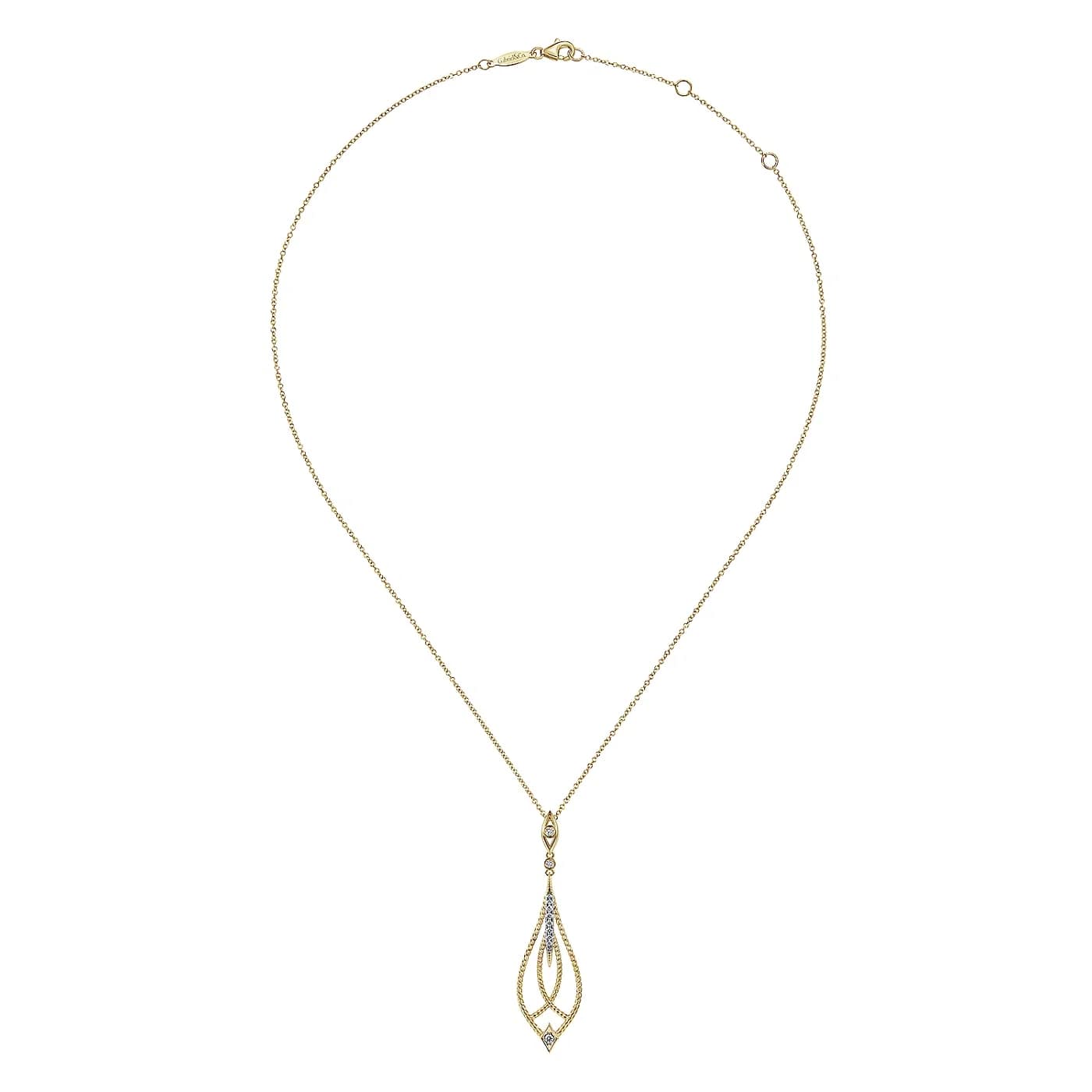 Vintage Inspired Diamond Twist Pear Shaped Pendant Necklace in Yellow Gold, 0.16 cttw