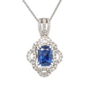 Emerald Cut Sapphire Scalloped Diamond Halo Pendant Necklace in White Gold