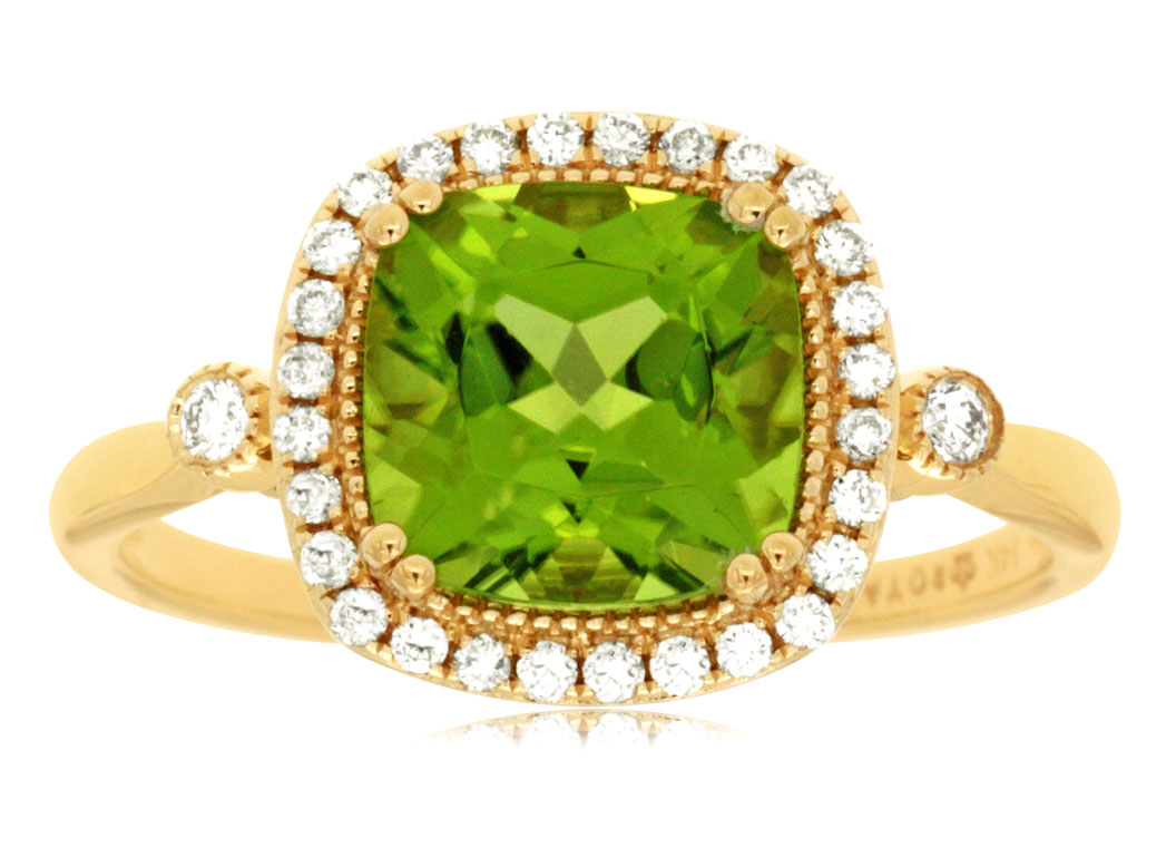 Cushion Cut Peridot and Diamond Halo Ring