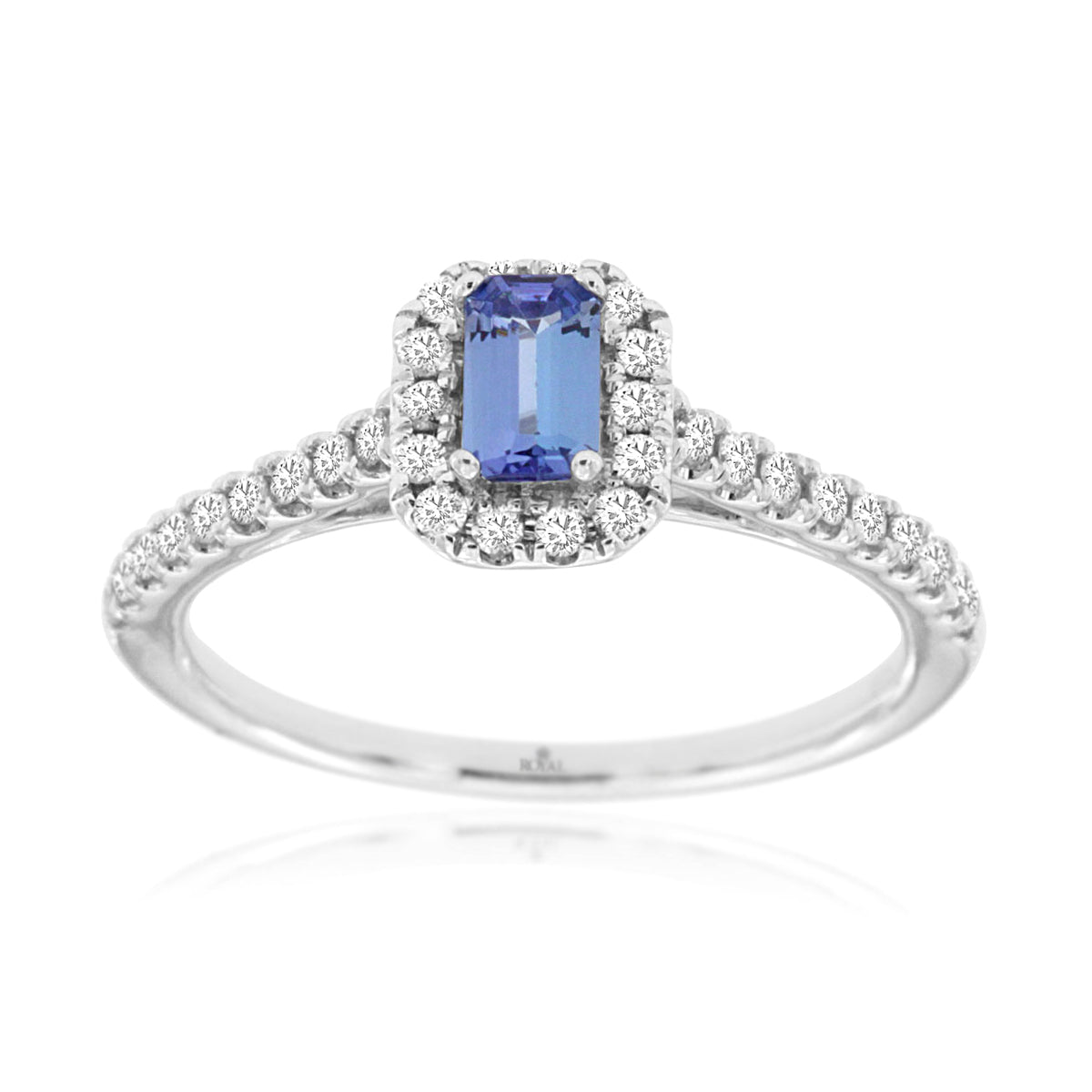 Emerald Cut Blue Tanzanite Diamond Halo Ring in 14k White Gold
