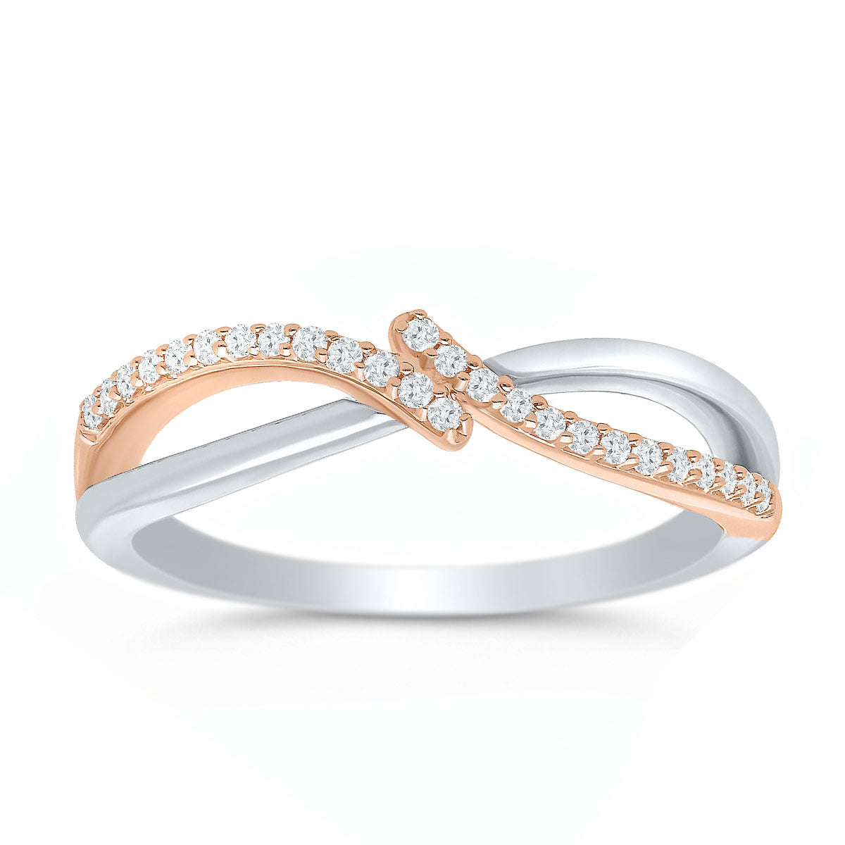 Two Tone Diamond Crossover Ring in Sterling Silver and Rose Gold Plating, 0.10 cttw