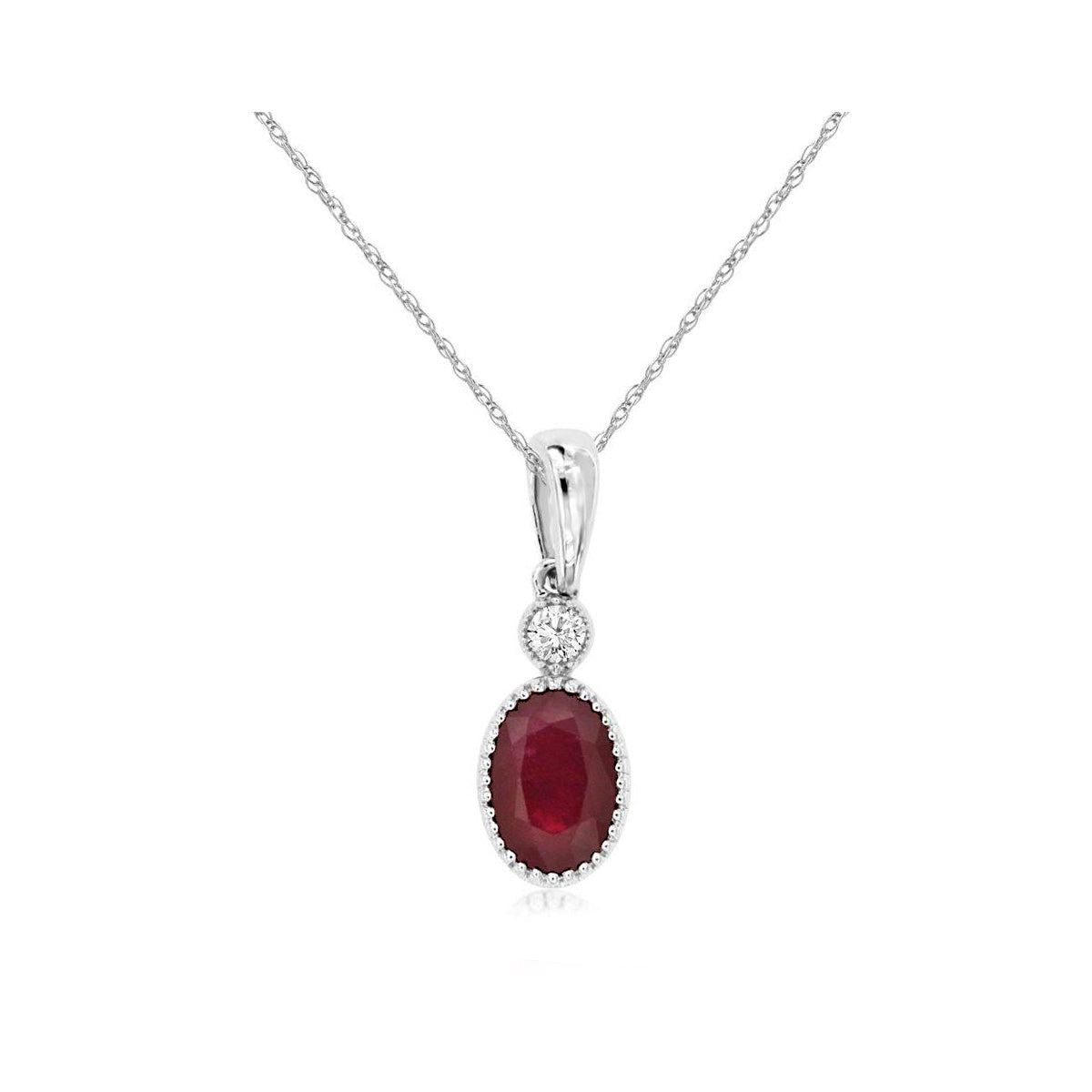 Oval Ruby and Round Diamond Beaded Bezel Pendant Necklace in White Gold