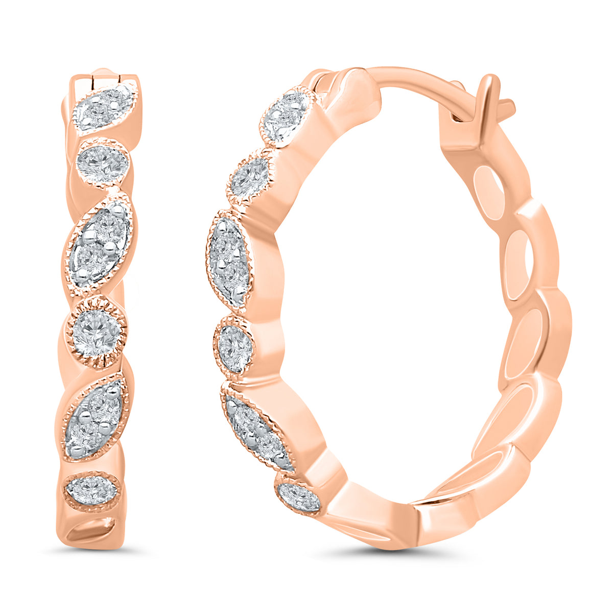 Diamond Hoop Earrings with Milgrain and Marquise Detail in Pink Gold