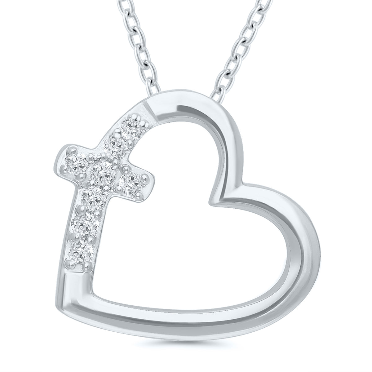 Sterling Silver Diamond Heart and Cross Pendant Necklace
