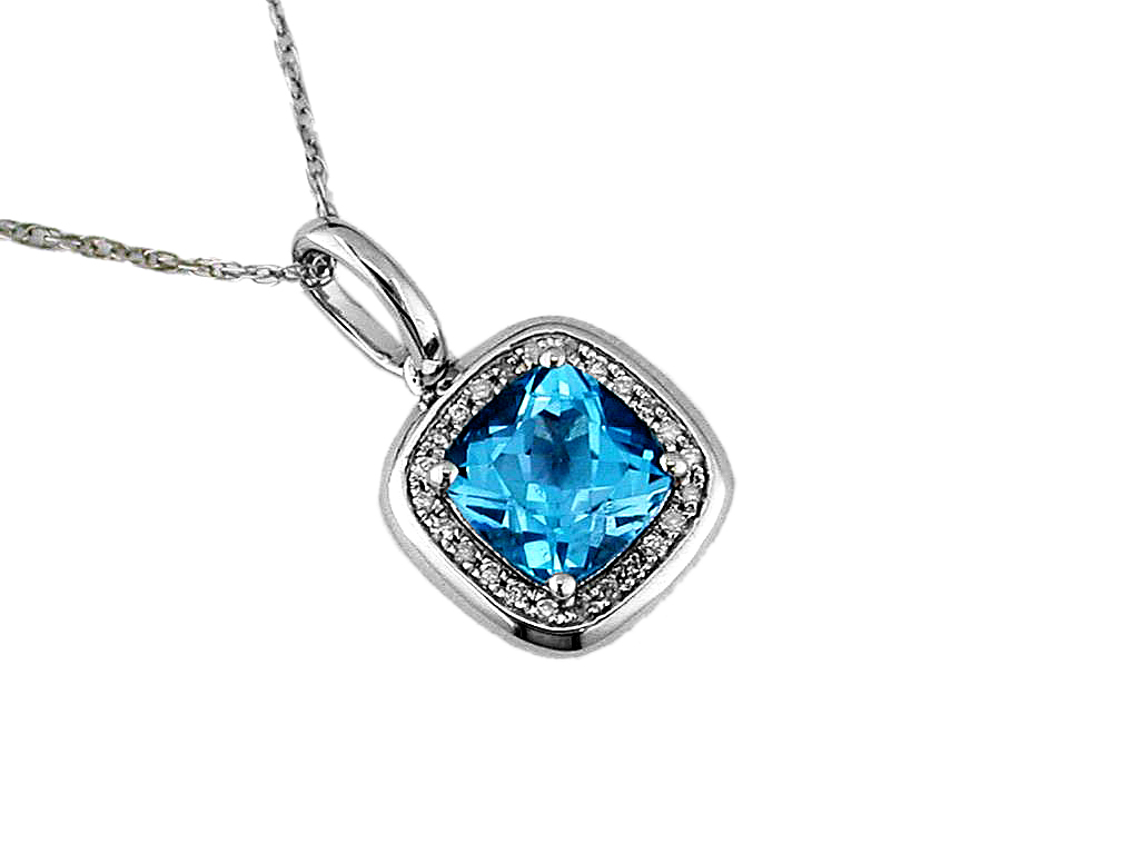Cushion Cut Swiss Blue Topaz and Diamond Halo Pendant Necklace in White Gold