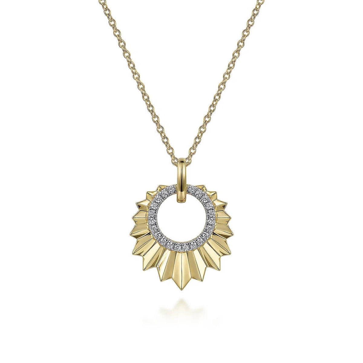 Leaf Shaped Diamond Circle Pendant Necklace in Yellow Gold, 0.11 cttw