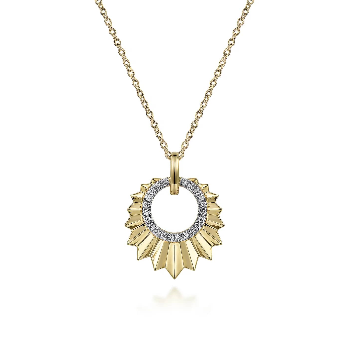 Leaf Shaped Diamond Circle Pendant Necklace in Yellow Gold, 0.11 cttw