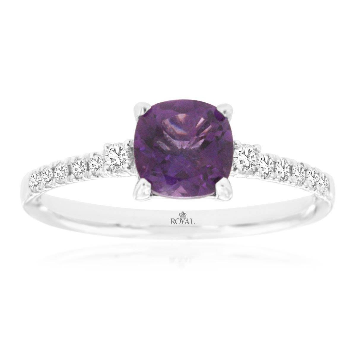 Cushion Cut Purple Amethyst Ring with Pave Diamond Band in White Gold