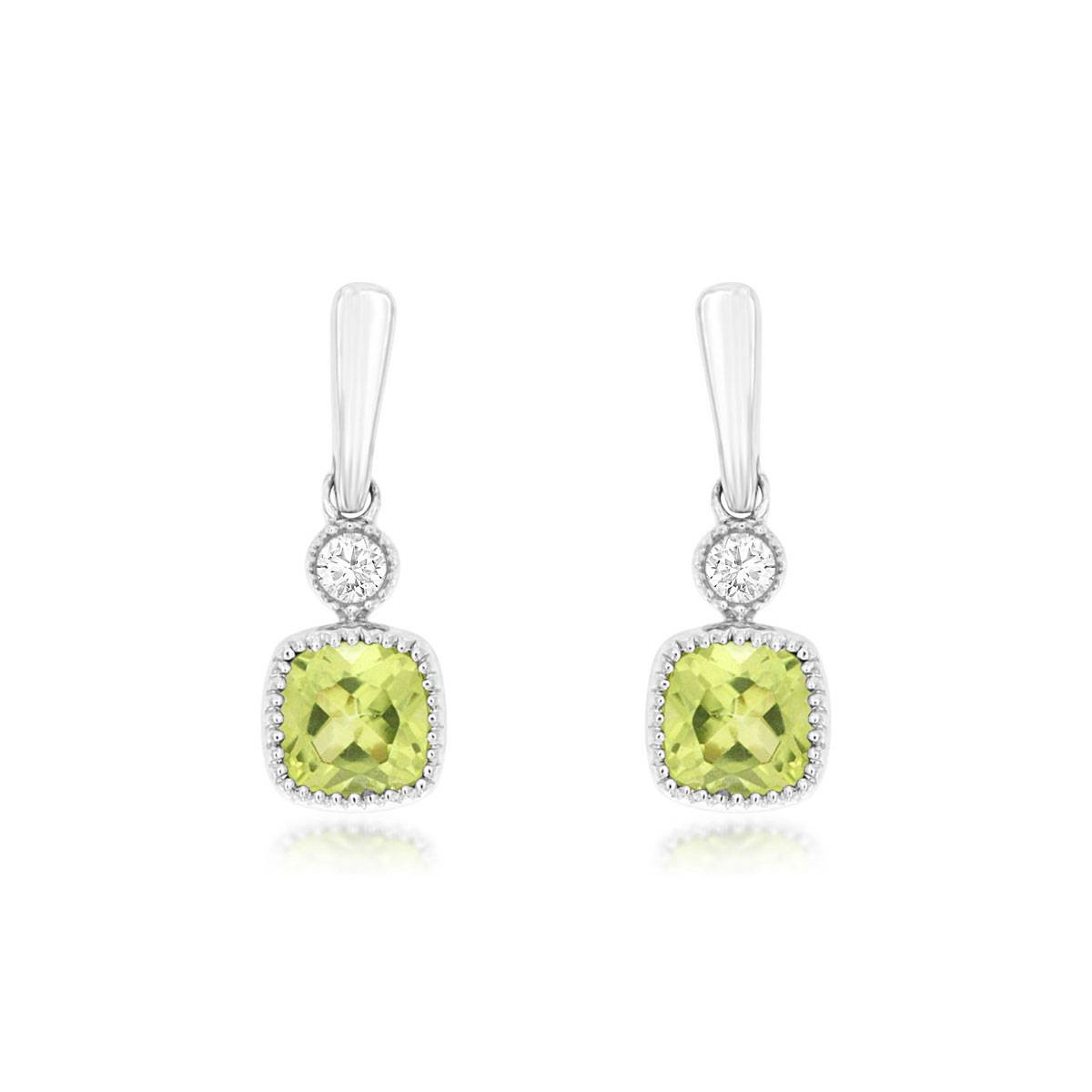 Cushion Cut Light Green Peridot and Round Diamond Dangle Earrings with Milgrain Edge in White Gold
