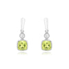 Cushion Cut Light Green Peridot and Round Diamond Dangle Earrings with Milgrain Edge in White Gold