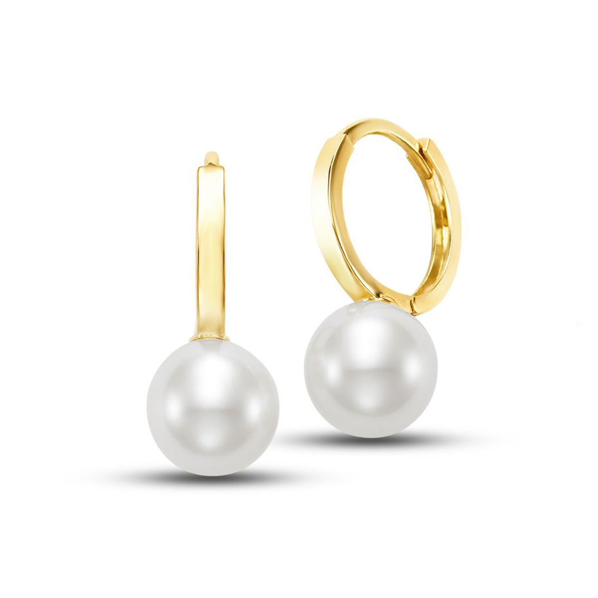 White Freshwater Pearl Huggie Hoop Earrings in Yellow Gold