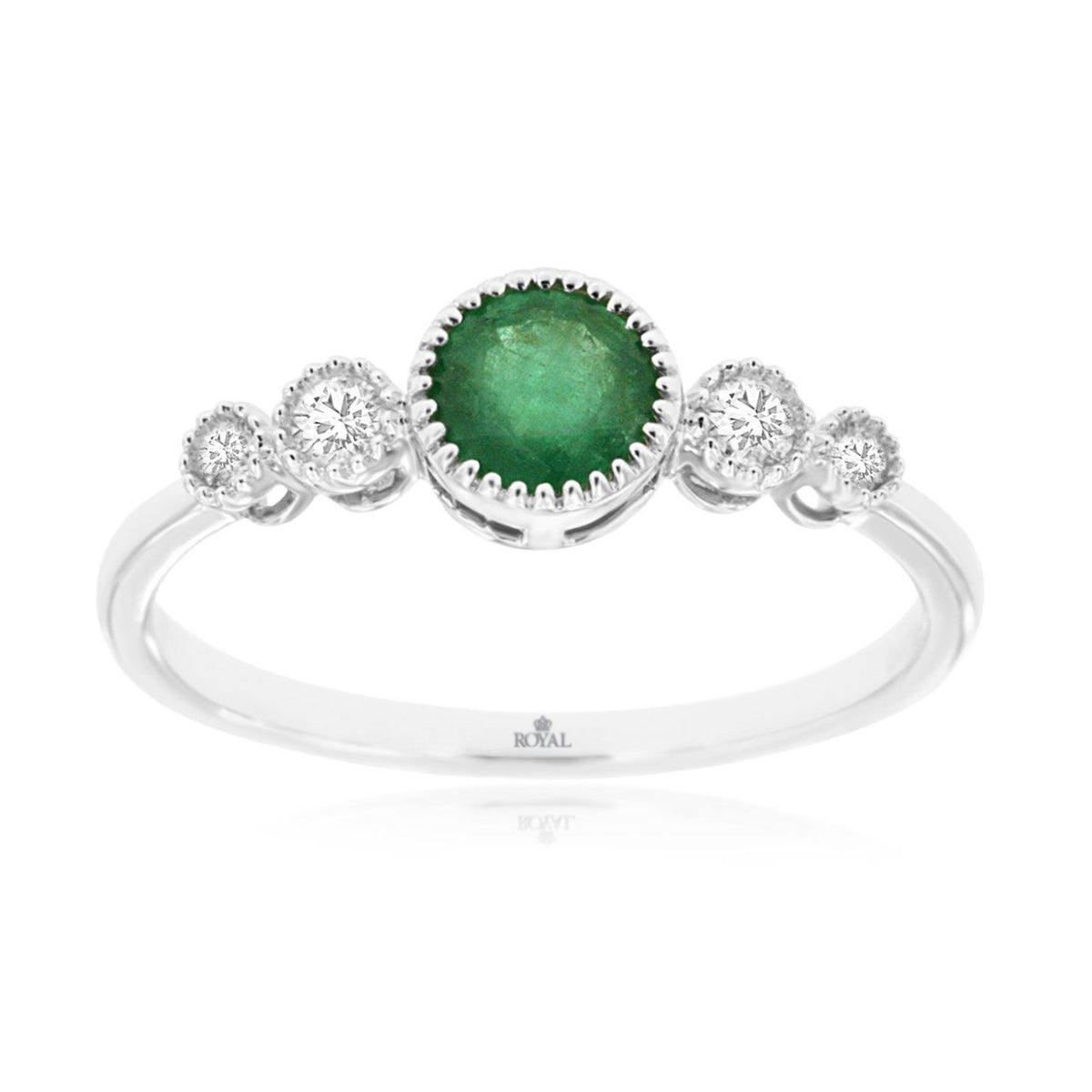 Round Emerald and Diamond Bezel Set Ring in 14k White Gold