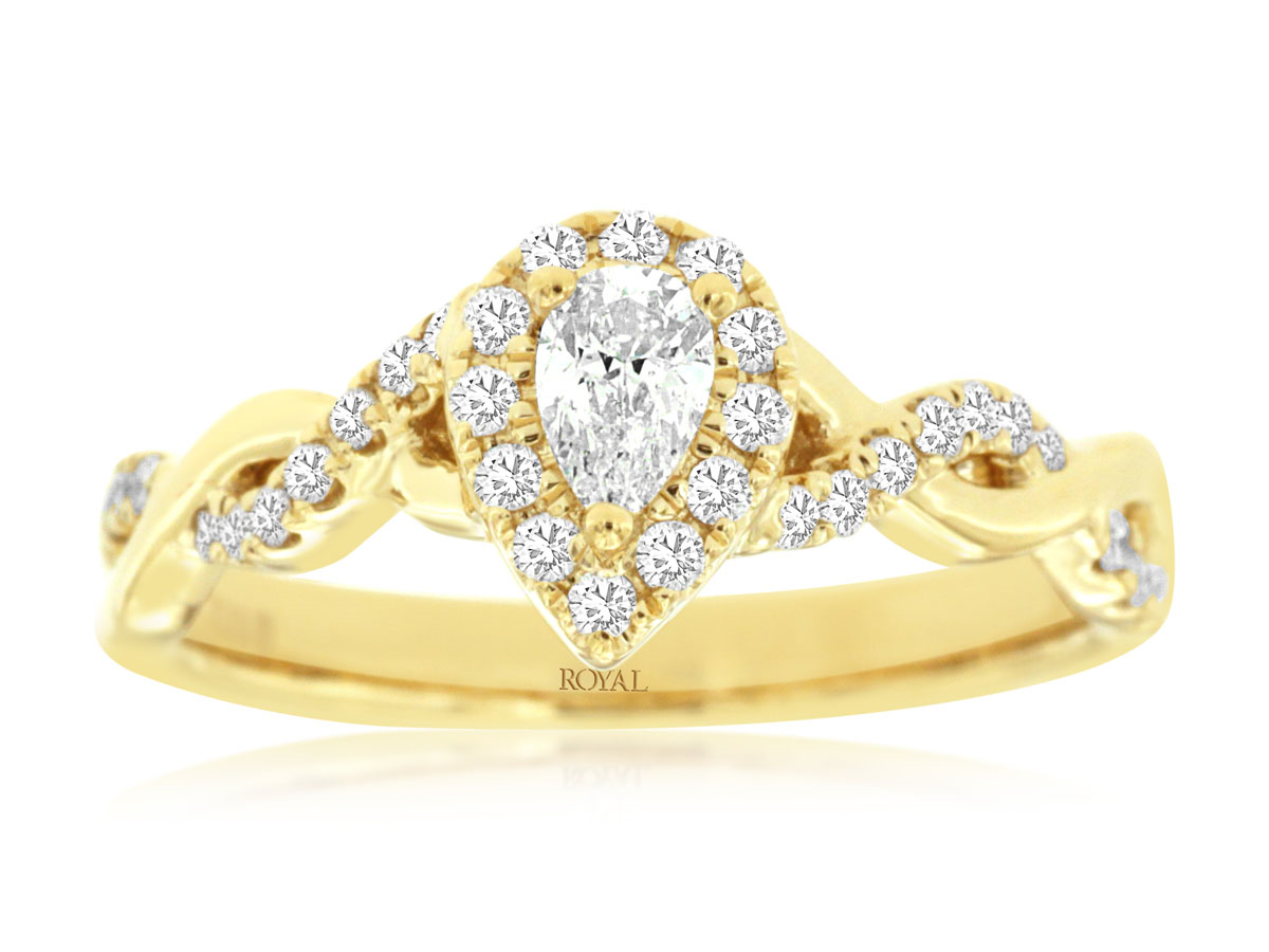 Pear Shaped Diamond Halo Crossover Engagement Ring in 14k Yellow Gold, 0.85cttw