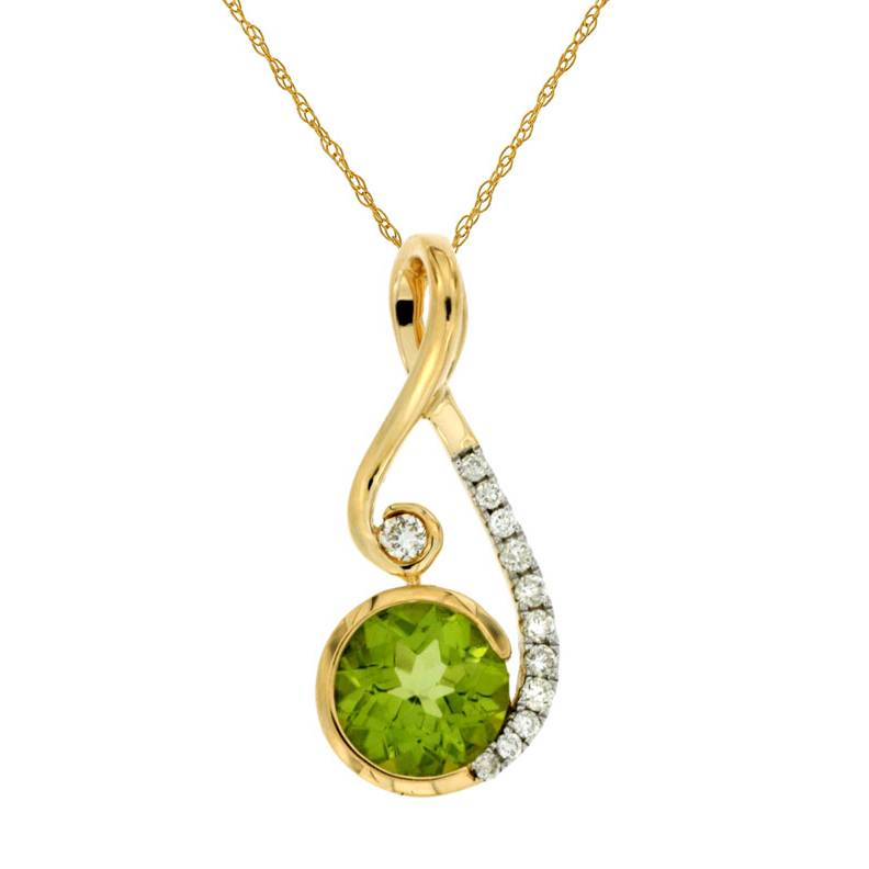 Round Peridot Swirl Pendant Necklace with Pave Diamonds in Yellow Gold