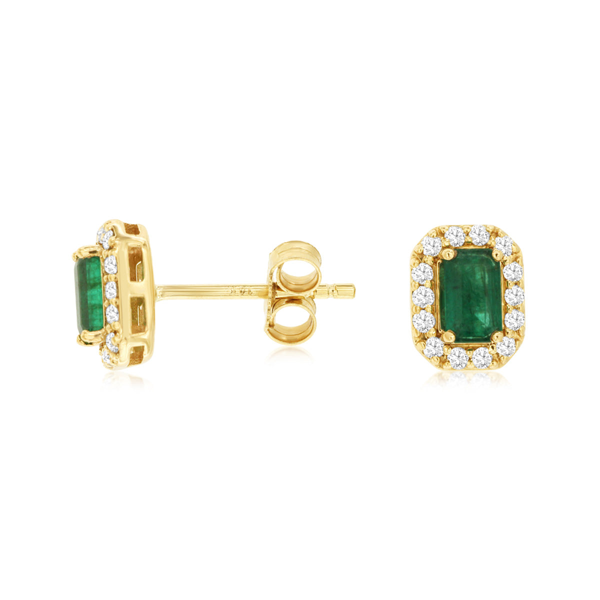 Emerald-Cut Natural Emerald and Diamond Halo Stud Earrings in Yellow Gold