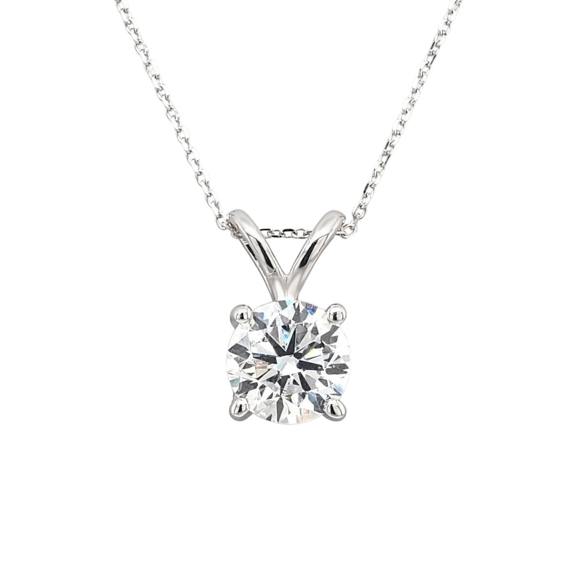 Round Lab Created Diamond Solitaire Rabbit Ear Bail Pendant Necklace in White Gold, 2.0 cttw