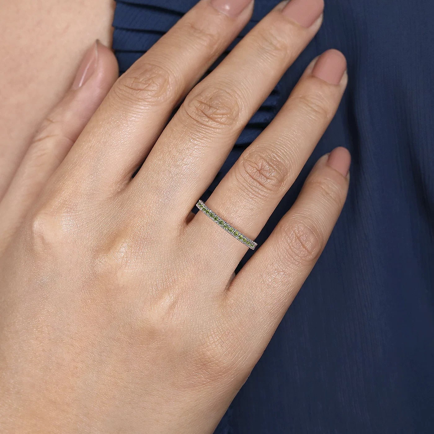 Green Peridot White Gold Straight Stackable Ring, 0.40 cttw