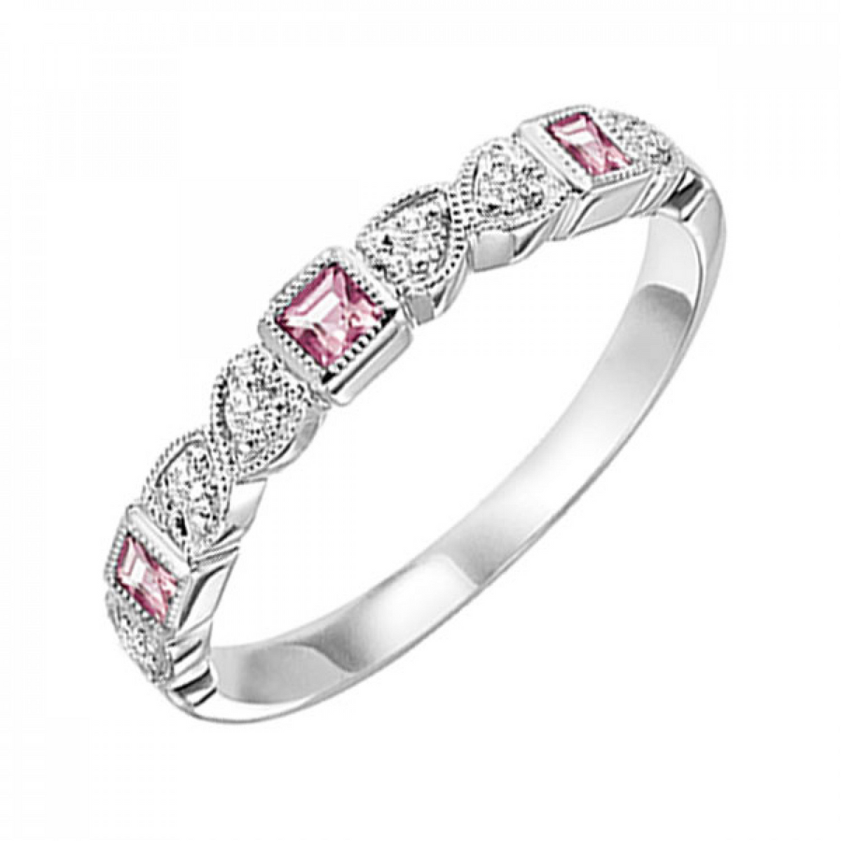 Stackable Princess Cut Pink Tourmalines and Round Diamond Ring Band in 10k White Gold