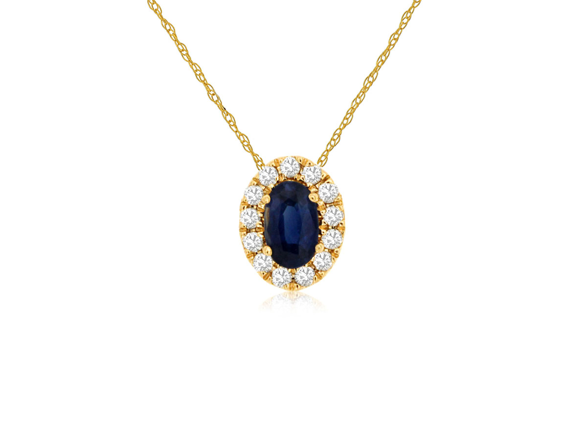 Oval Sapphire Diamond Halo Pendant Necklace in 14k Yellow Gold