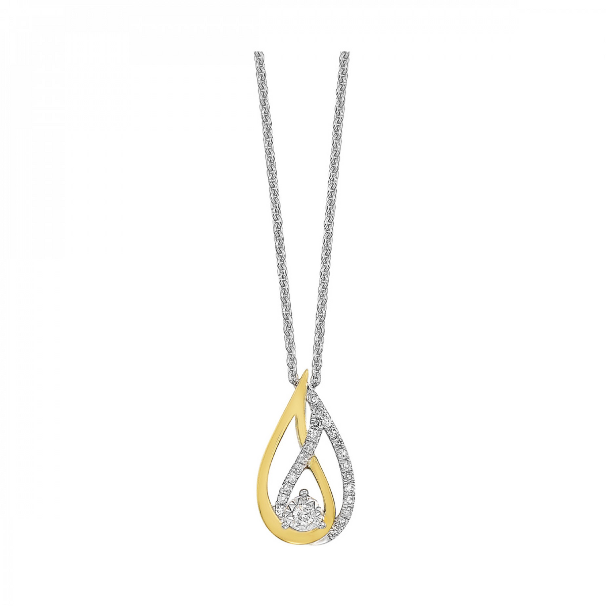 Two Tone Gold and Sterling Silver Diamond Interlocking Teardrop Pendant Necklace