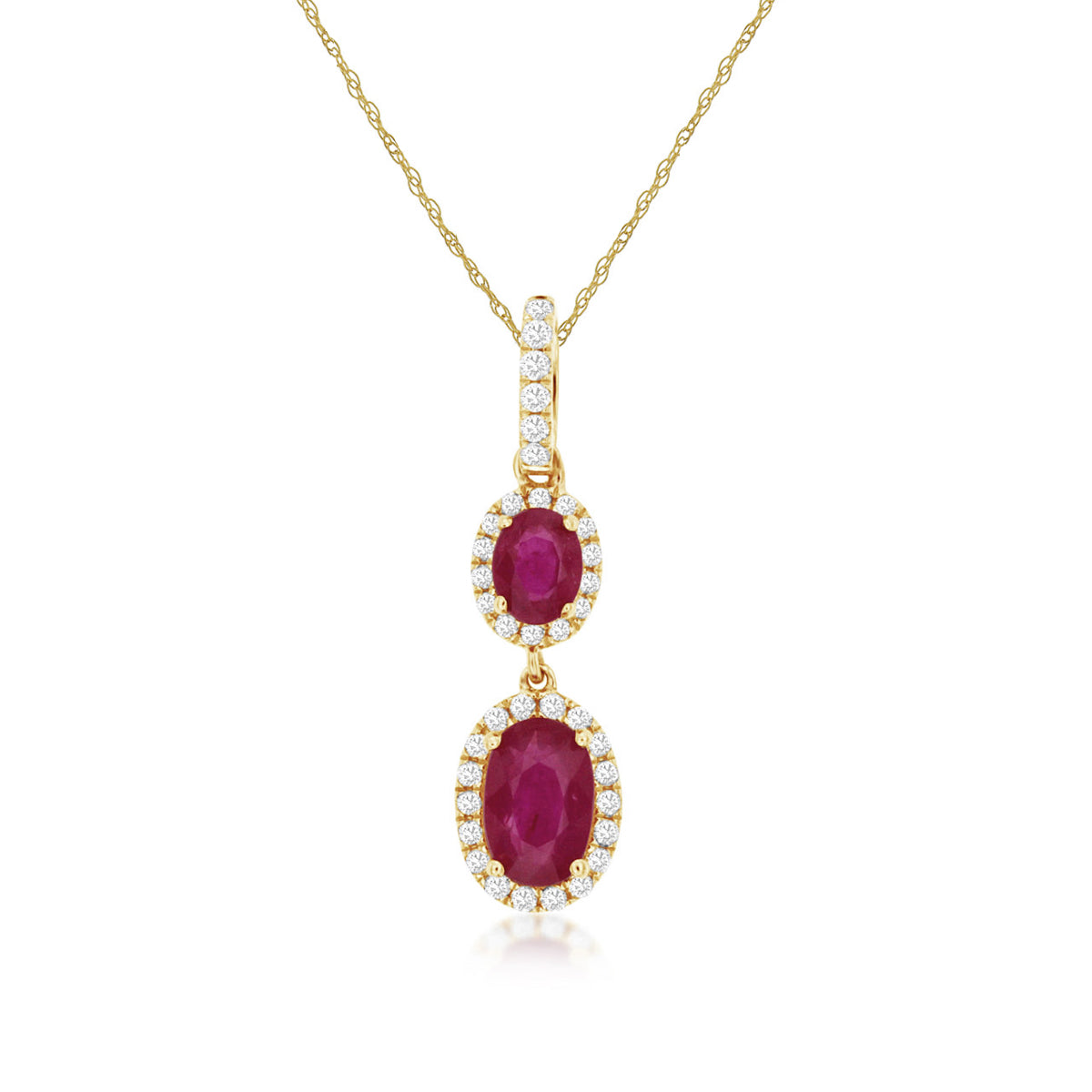 Double Oval Ruby Diamond Halo Dangle Pendant Necklace in 14k Yellow Gold