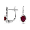 Oval Natural Ruby Diamond Halo Leverback Earrings in White Gold