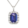 Emerald Cut Blue Tanzanite Diamond Halo Pendant Necklace in White Gold