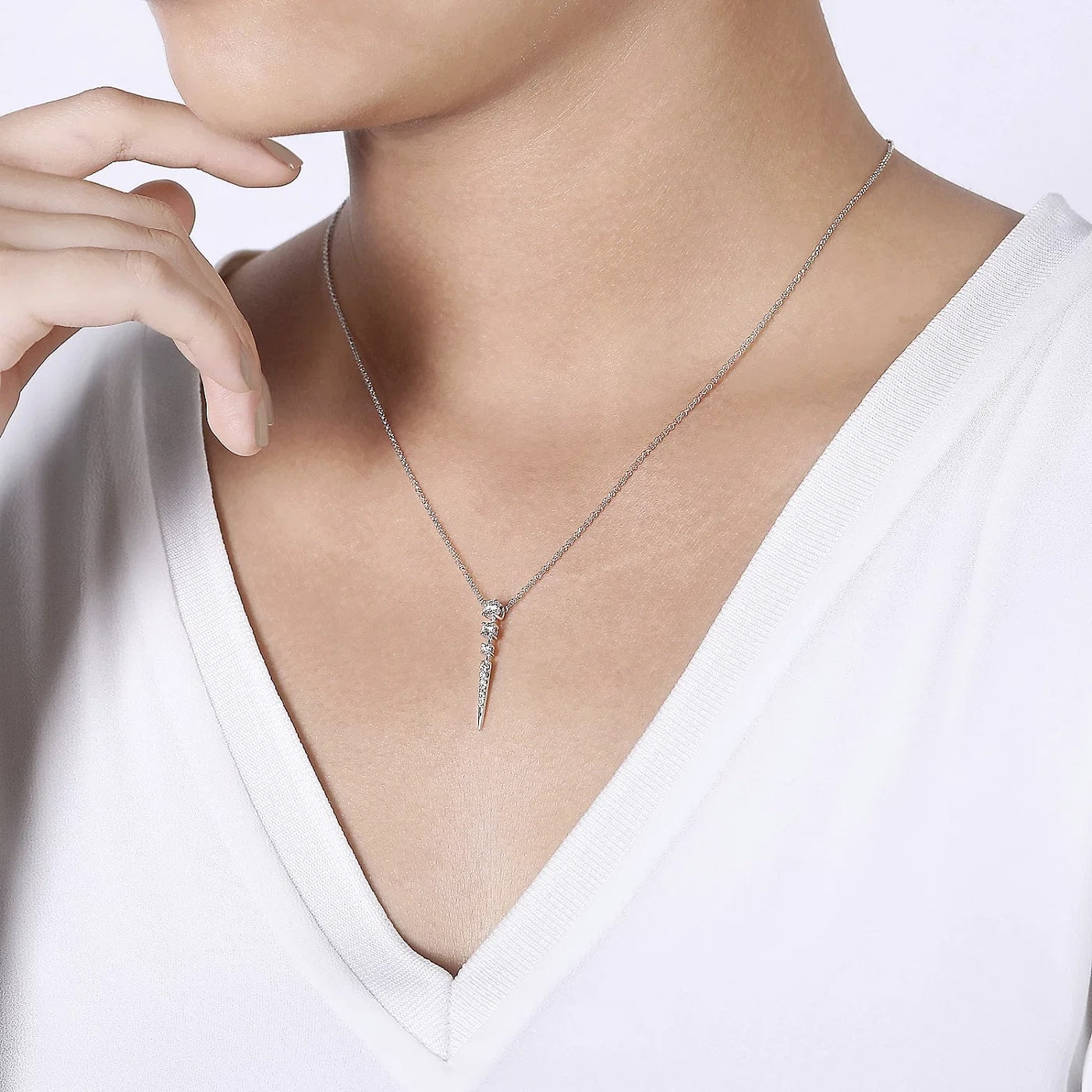 14k White Gold Necklace with Tapered Bar and Diamond Drop 14k White Gold Necklace with Tapered Bar and Diamond Drop