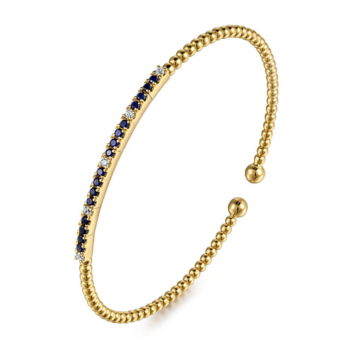 Round Blue Sapphire and Diamond Bujukan Bead Open Cuff Bracelet in Yellow Gold