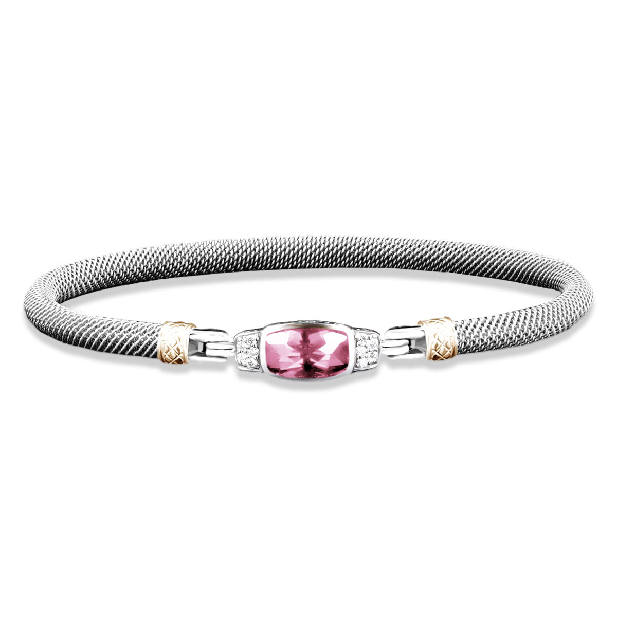 Milanese Mesh Bangle Bracelet with Cushion Cut Pink Sapphire and Lab-Grown Diamonds in Sterling Silver and Yellow Gold, 0.10 cttw