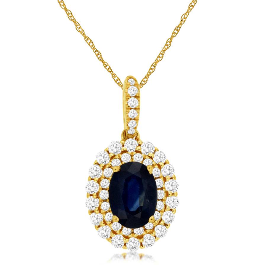 Natural Blue Oval Sapphire Double Diamond Halo Pendant Necklace in Yellow Gold