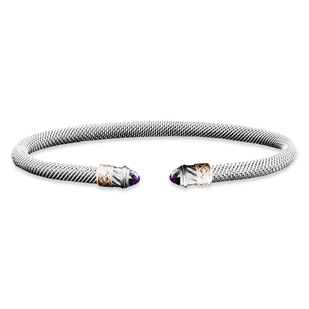 Milanese Mesh Two-Tone Cuff Bracelet with Round Cabochon Amethyst End Caps in Sterling Silver and Yellow Gold