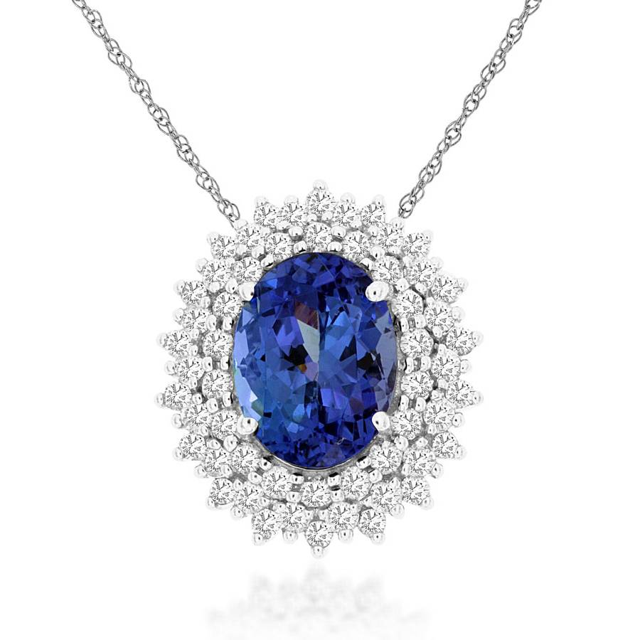 Blue Oval Tanzanite Pendant Necklace with Double Diamond Halo and Beading in White Gold