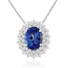 Blue Oval Tanzanite Pendant Necklace with Double Diamond Halo and Beading in White Gold