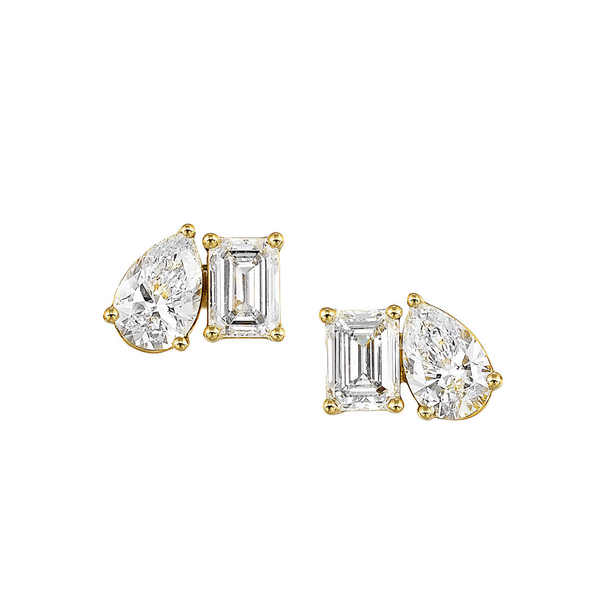 Toi et Moi Pear and Emerald Cut Lab Created Diamond Stud Earrings in Yellow Gold, 2.14 cttw