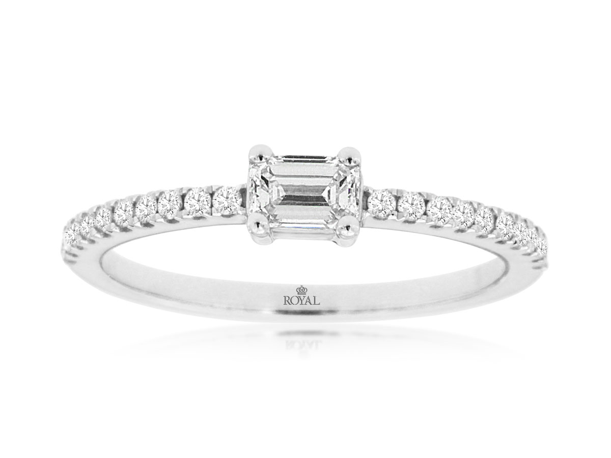 Emerald Cut Diamond Pave Engagement Ring in 14k White Gold, 0.42cttw