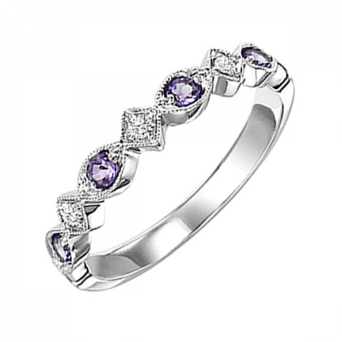 Stackable Round Amethyst and Diamond Ring Band in10k White Gold