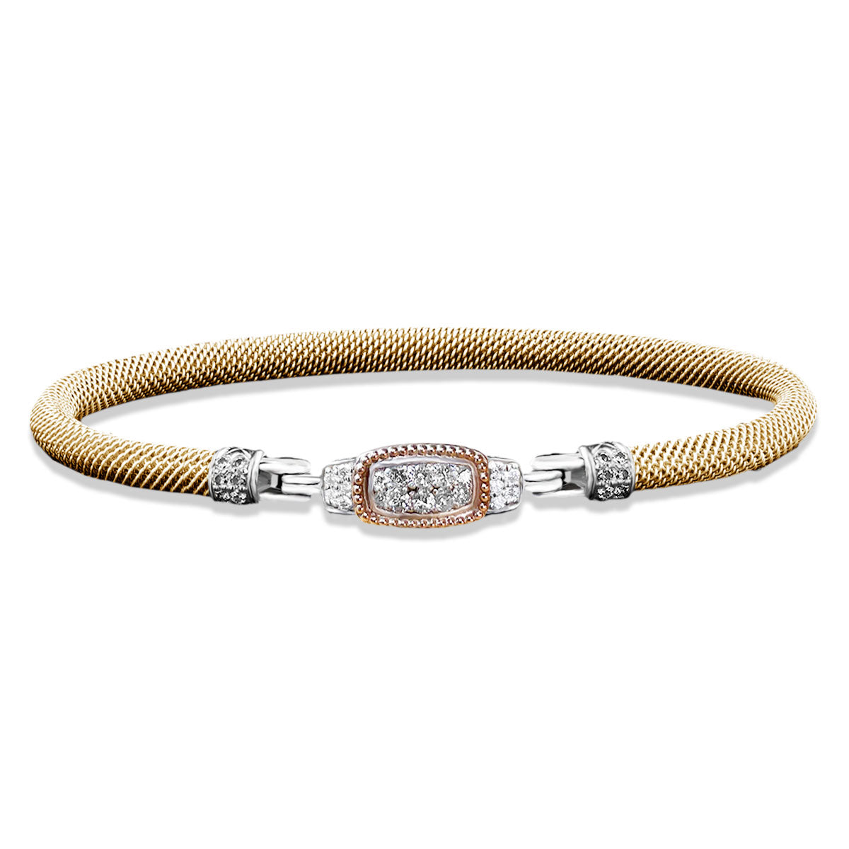 Milanese Mesh Bangle Bracelet with Lab-Grown Diamond Cushion Cluster and Beaded Bezel in Sterling Silver and Vermeil, 0.42 cttw
