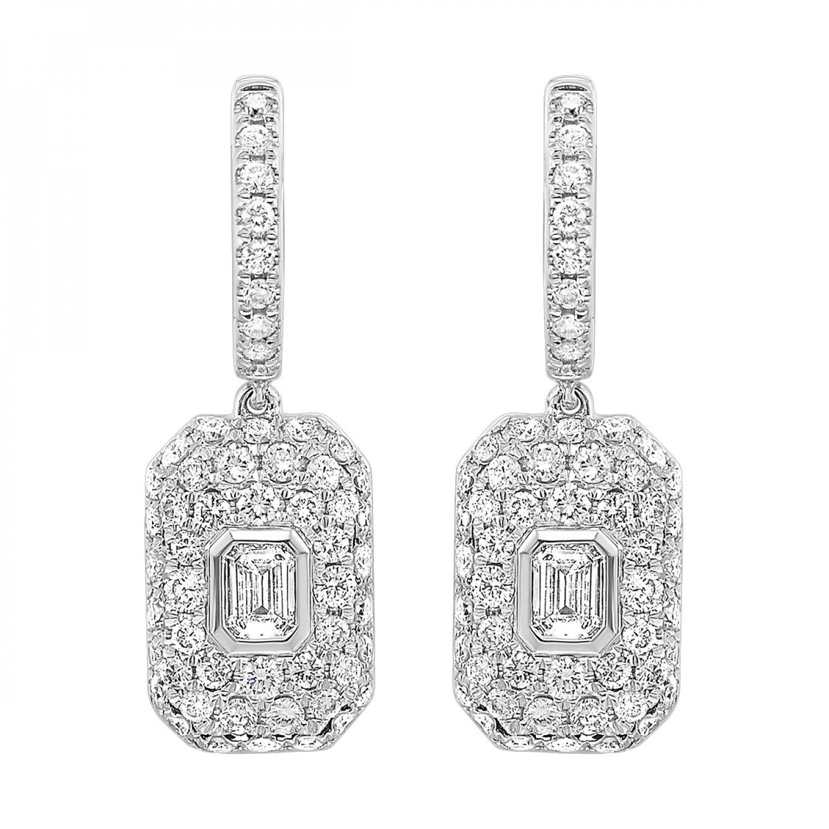 Diamond Cluster Dangle Earrings with Bezel-Set Emerald Cut Diamonds, 1.5 cttw